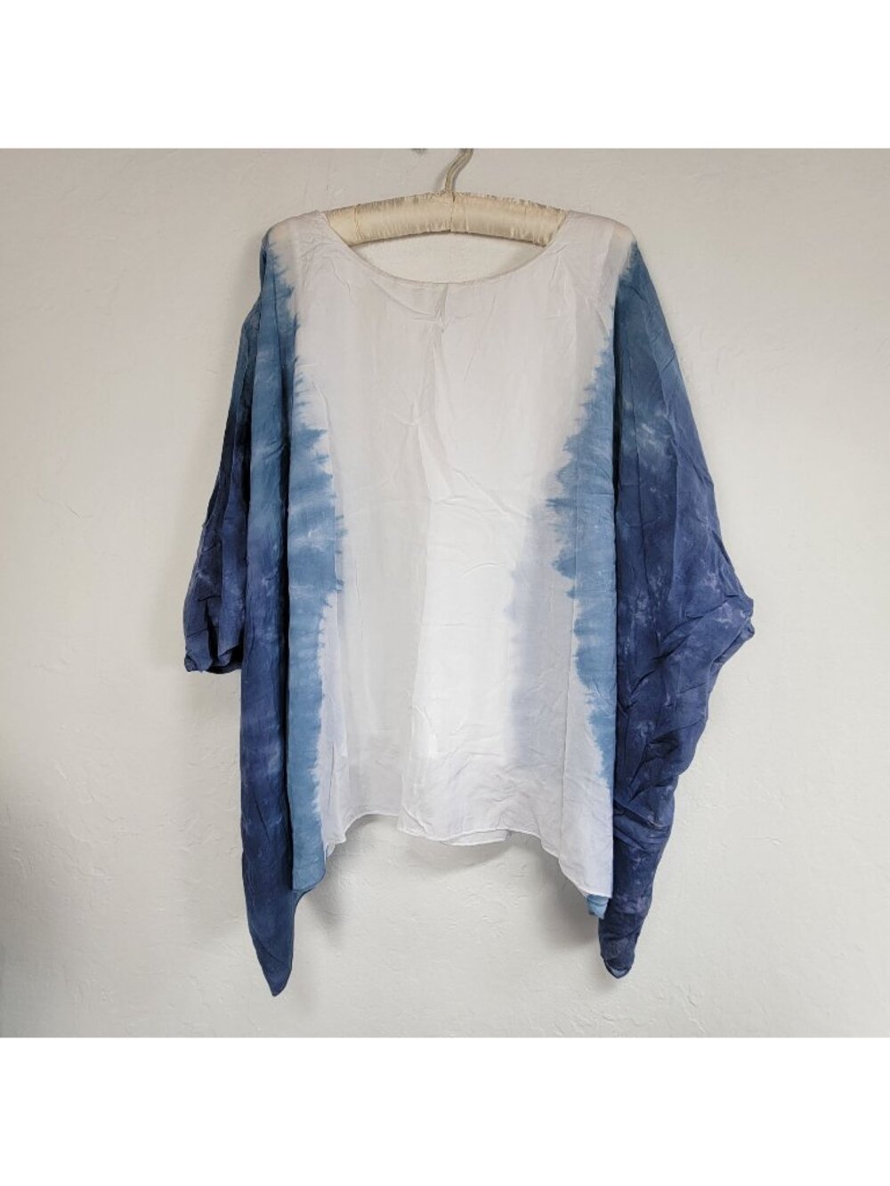 Joan Vass New York Womens Blue & White Tie-Dye Overlay Kimono Top Blouse Medium
